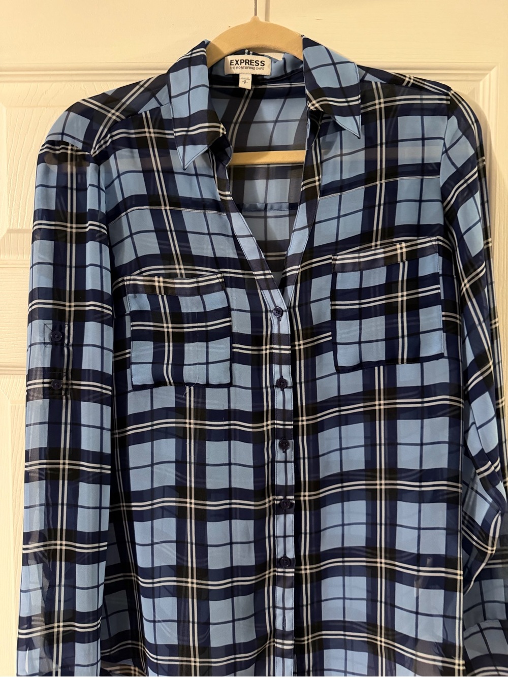 Express Blue and Navy Plaid Button-Up Blouse